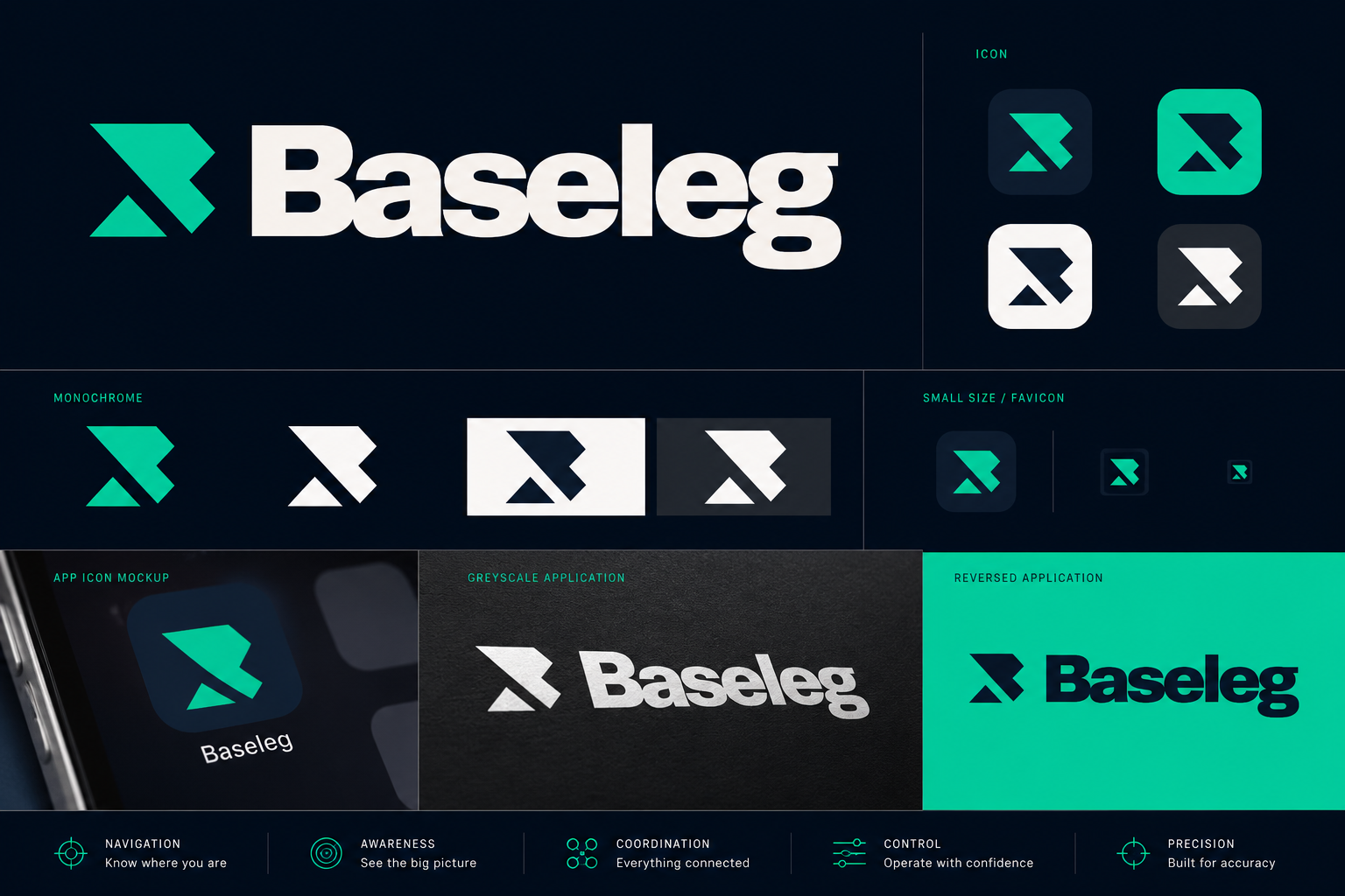 Baseleg brand system applied across a logo suite and application mockups